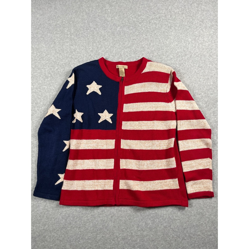 VTG Zip Up Cardigan Sweater Women S Red American Flag Stars Stripes Americana